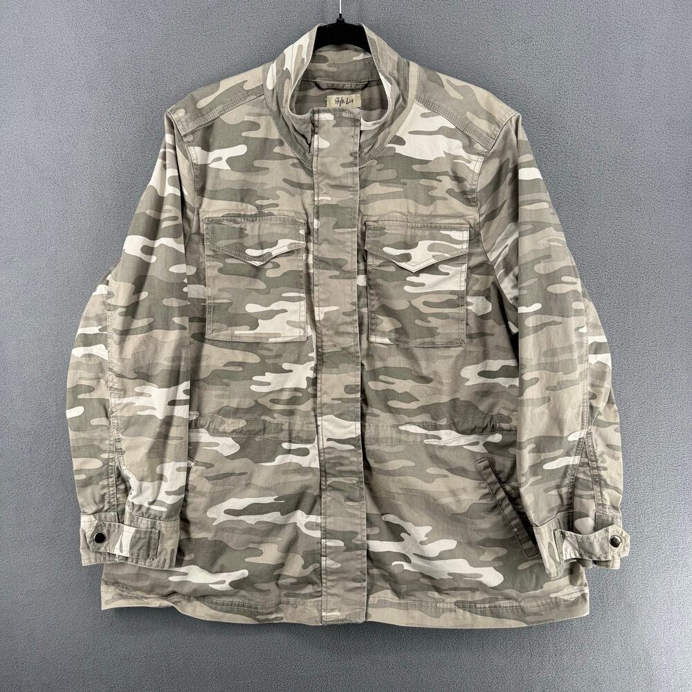 Style Co Camo Utility Jacket Womens 2X Gray Military Drawstring Waist Full Zip
